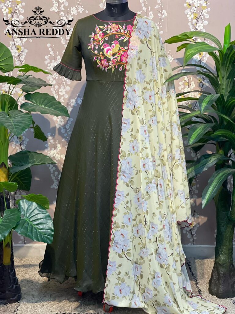 Long Dress Mehendi Green Color with Embroidered Work – Kalavasthra